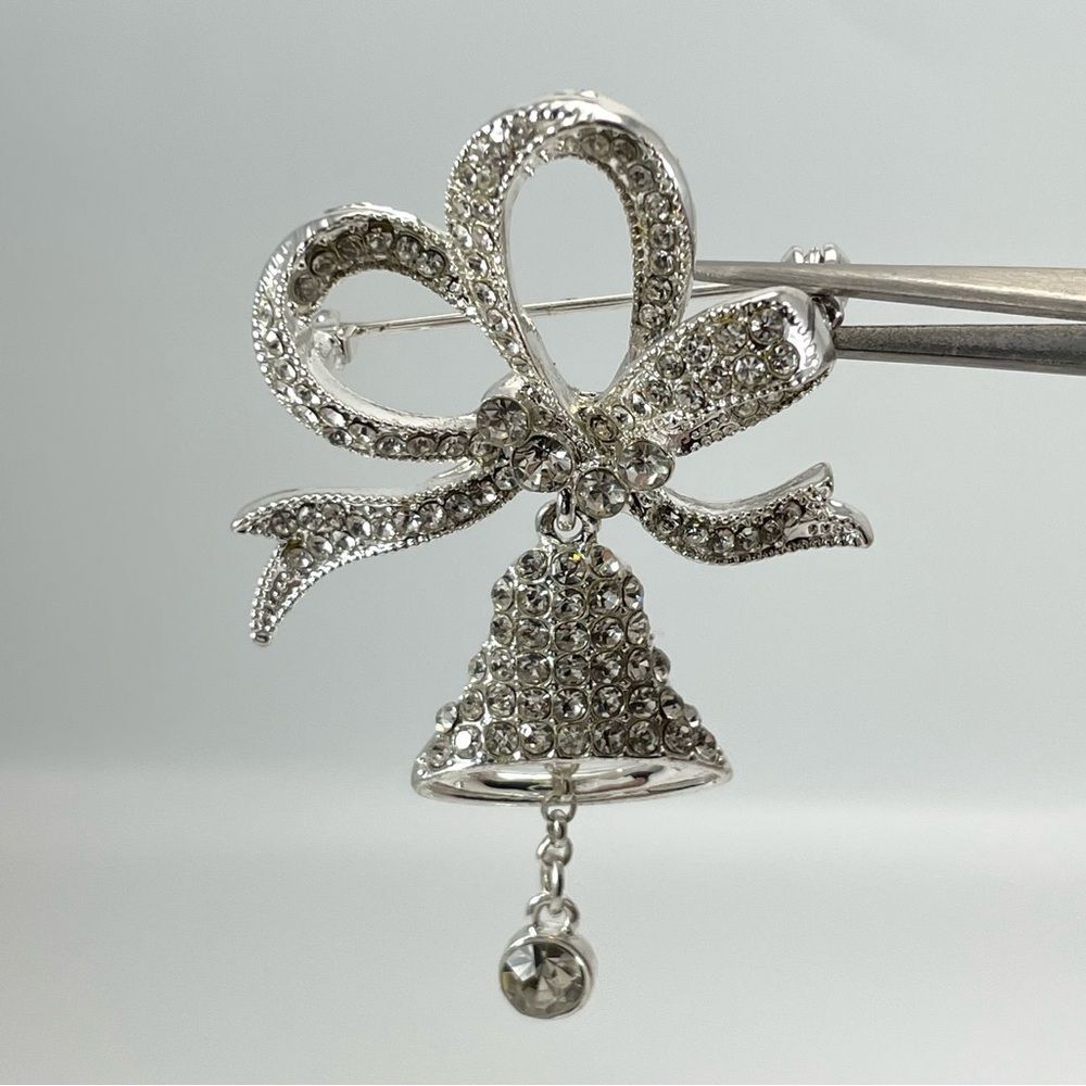 Vintage Silver Tone Rhinestone Bow Bell Brooch Pin Statement Cocktail Jewelry